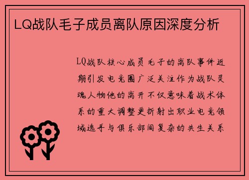 LQ战队毛子成员离队原因深度分析